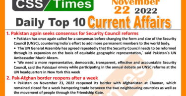 Daily Top-10 Current Affairs MCQs/News (Nov 22 2022) for CSS