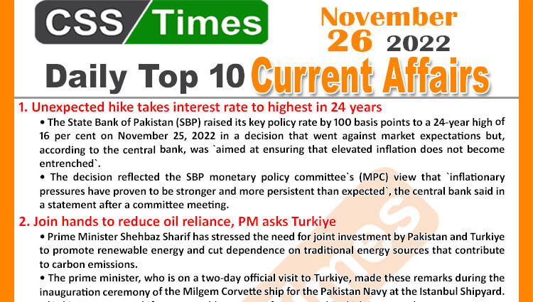 Daily Top-10 Current Affairs MCQs/News (Nov 26 2022) for CSS