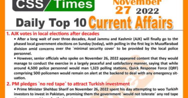 Daily Top-10 Current Affairs MCQs/News (Nov 27 2022) for CSS