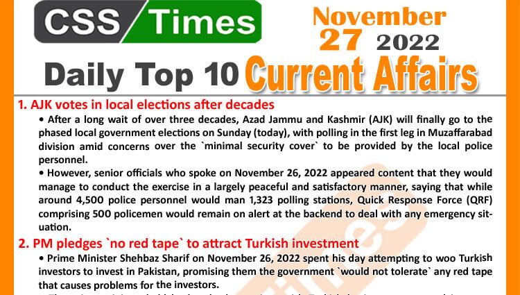 Daily Top-10 Current Affairs MCQs/News (Nov 27 2022) for CSS