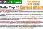 Daily Top-10 Current Affairs MCQs / News (Nov 29 2022) for CSS