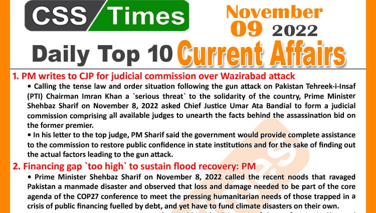 Daily Top-10 Current Affairs MCQs / News (November 09, 2022) for CSS, PMS