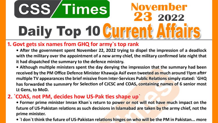 Daily Top-10 Current Affairs MCQs/News (Nov 23 2022) for CSS