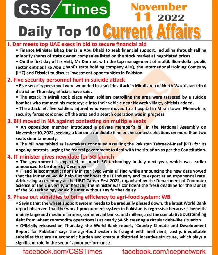 Daily Top-10 Current Affairs MCQs / News (November 11, 2022) for CSS, PMS