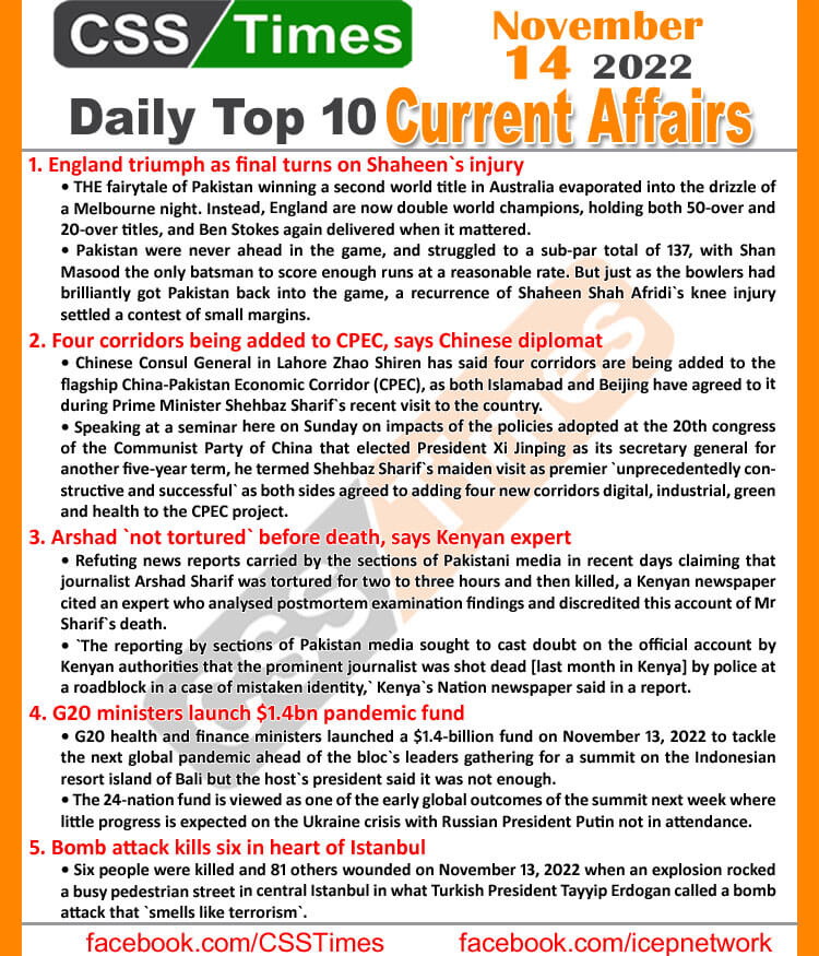 Daily Top-10 Current Affairs MCQs / News (November 14, 2022) for CSS, PMS