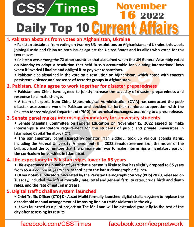 Daily Top-10 Current Affairs MCQs/News (Nov 16 2022) for CSS