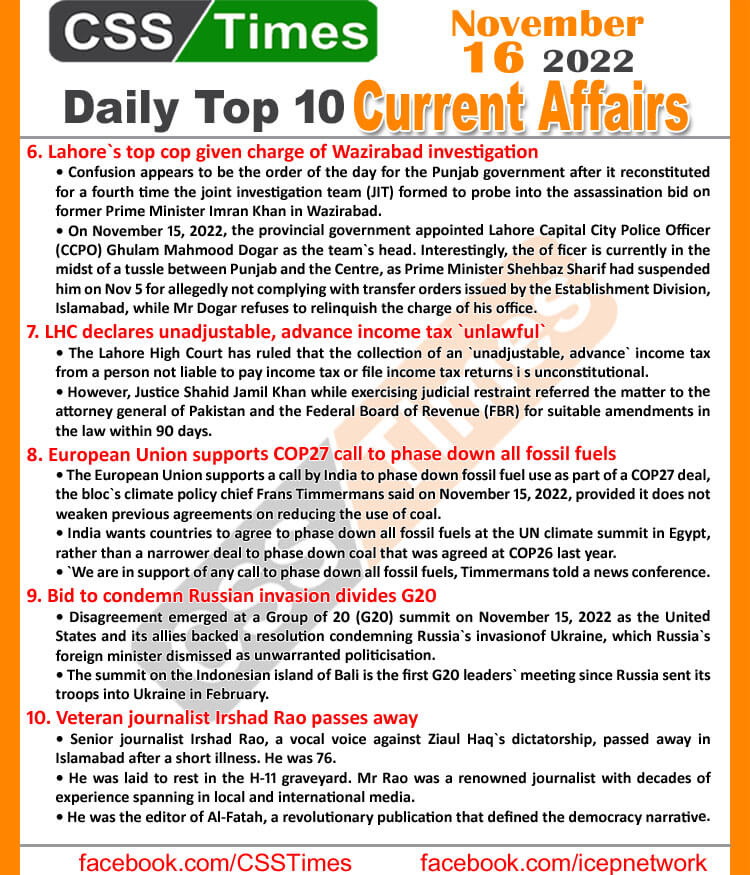 Daily Top-10 Current Affairs MCQs/News (Nov 16 2022) for CSS