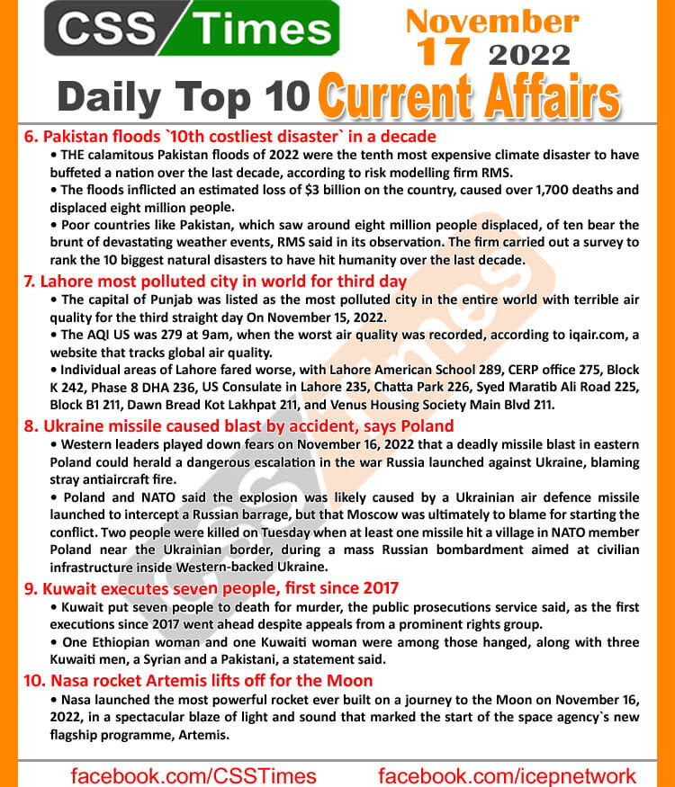 Daily Top-10 Current Affairs MCQs/News (Nov 17 2022) for CSS