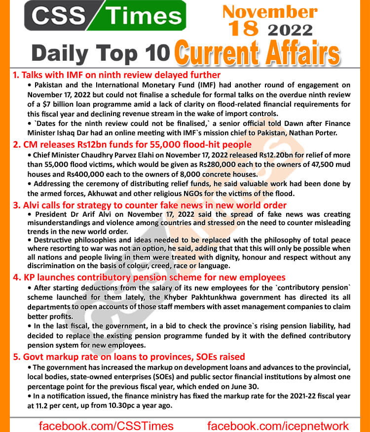 Daily Top-10 Current Affairs MCQs/News (Nov 18 2022) for CSS