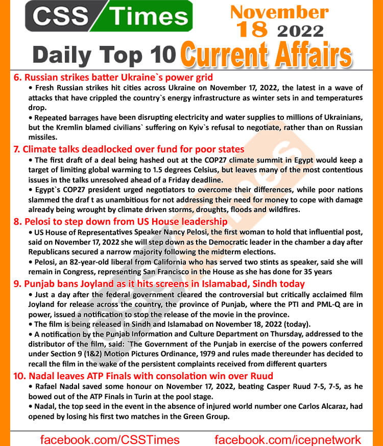 Daily Top-10 Current Affairs MCQs/News (Nov 18 2022) for CSS