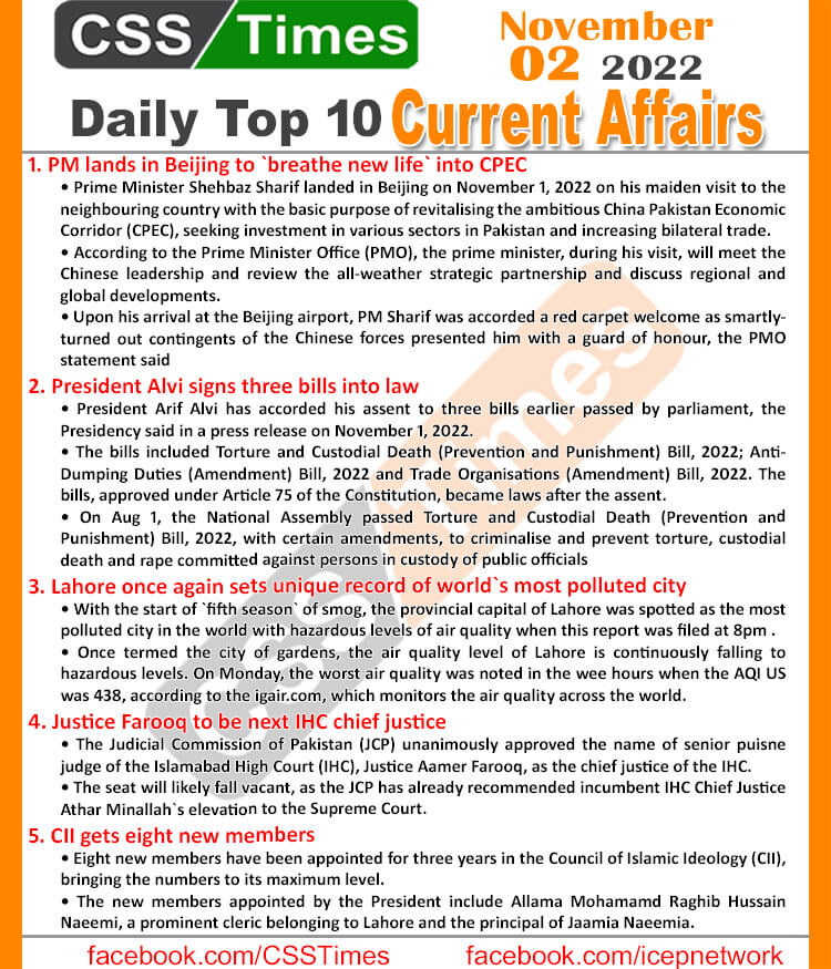 Daily Top-10 Current Affairs MCQs / News (November 02, 2022) for CSS, PMS