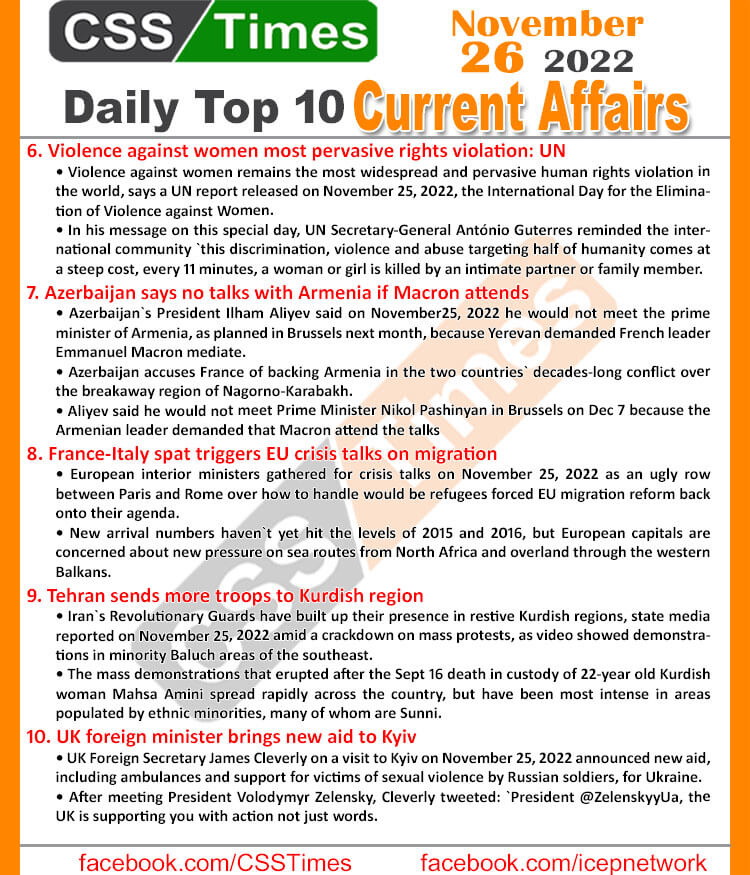 Daily Top-10 Current Affairs MCQs/News (Nov 26 2022) for CSS
