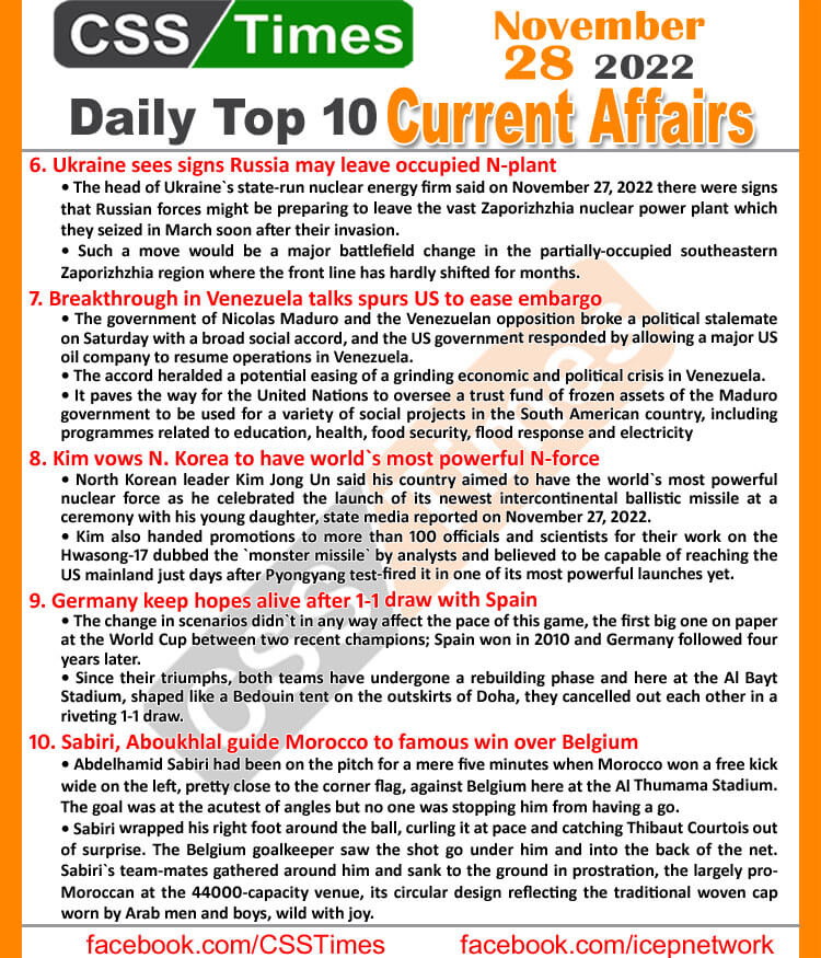 Daily Top-10 Current Affairs MCQs / News (Nov 28 2022) for CSS