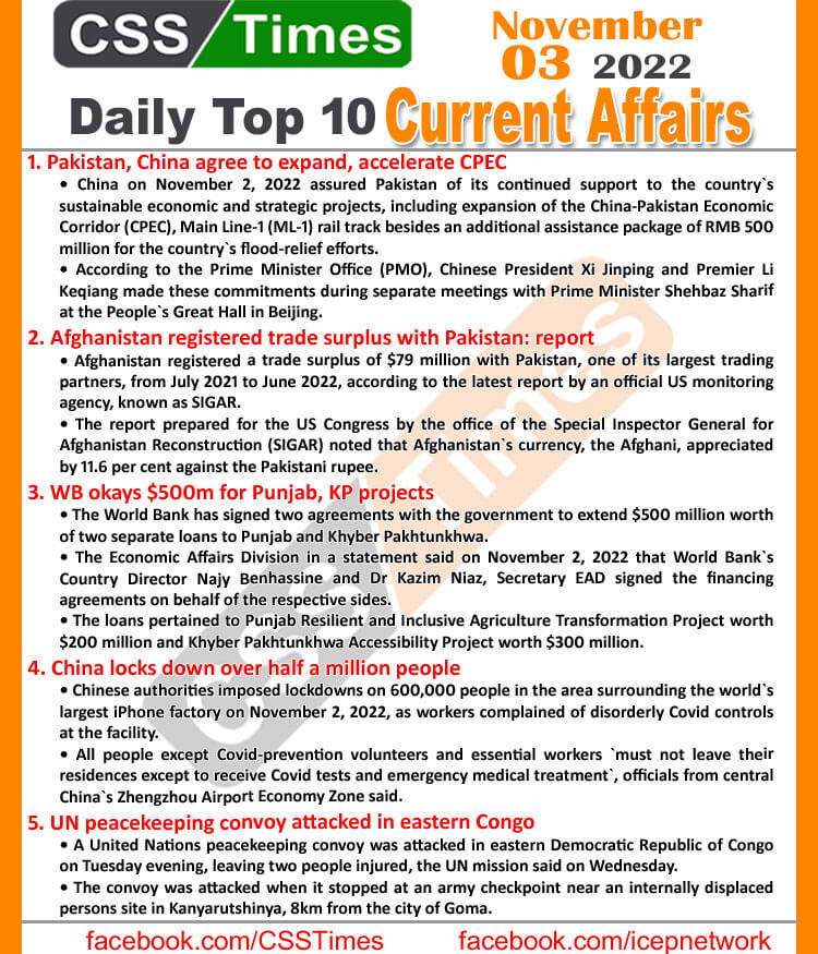 Daily Top-10 Current Affairs MCQs / News (November 03, 2022) for CSS, PMS