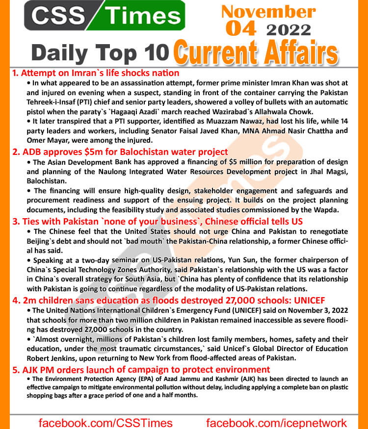 Daily Top-10 Current Affairs MCQs / News (November 04, 2022) for CSS, PMS