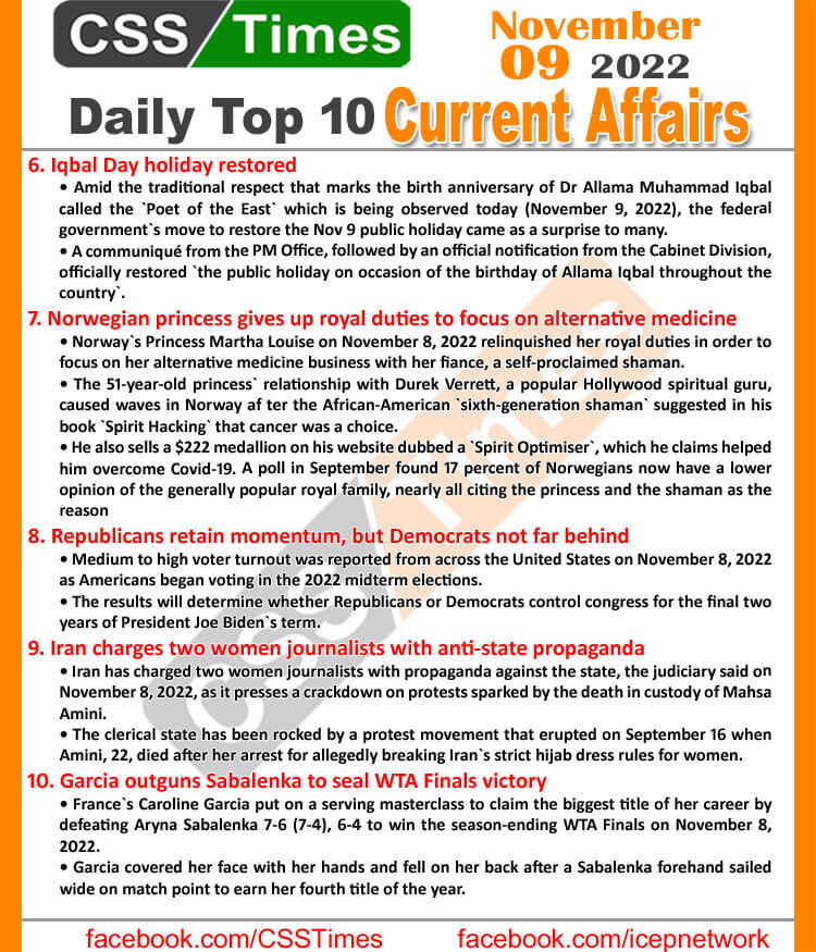 Daily Top-10 Current Affairs MCQs / News (November 09, 2022) for CSS, PMS