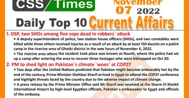 Daily Top-10 Current Affairs MCQs / News (November 07, 2022) for CSS, PMS