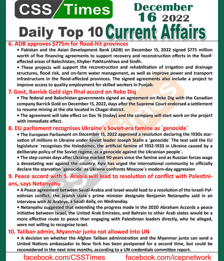 Daily Top-10 Current Affairs MCQs / News (Dec 16 2022) for CSS