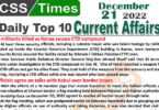 Daily Top-10 Current Affairs MCQs / News (Dec 21 2022) for CSS