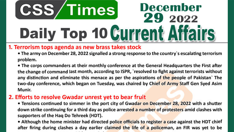 Daily Top-10 Current Affairs MCQs / News (Dec 29 2022) for CSS