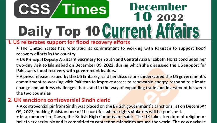 Daily Top-10 Current Affairs MCQs / News (Dec 10 2022) for CSS