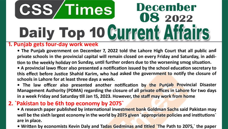 Daily Top-10 Current Affairs MCQs / News (Dec 08 2022) for CSS