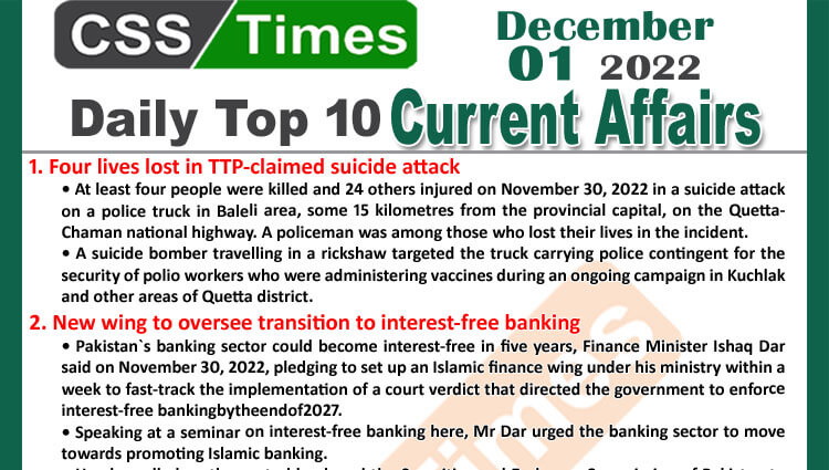 Daily Top-10 Current Affairs MCQs / News (Dec 01 2022) for CSS