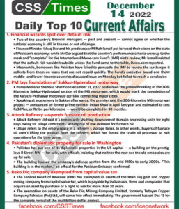 Daily Top-10 Current Affairs MCQs / News (Dec 14 2022) for CSS