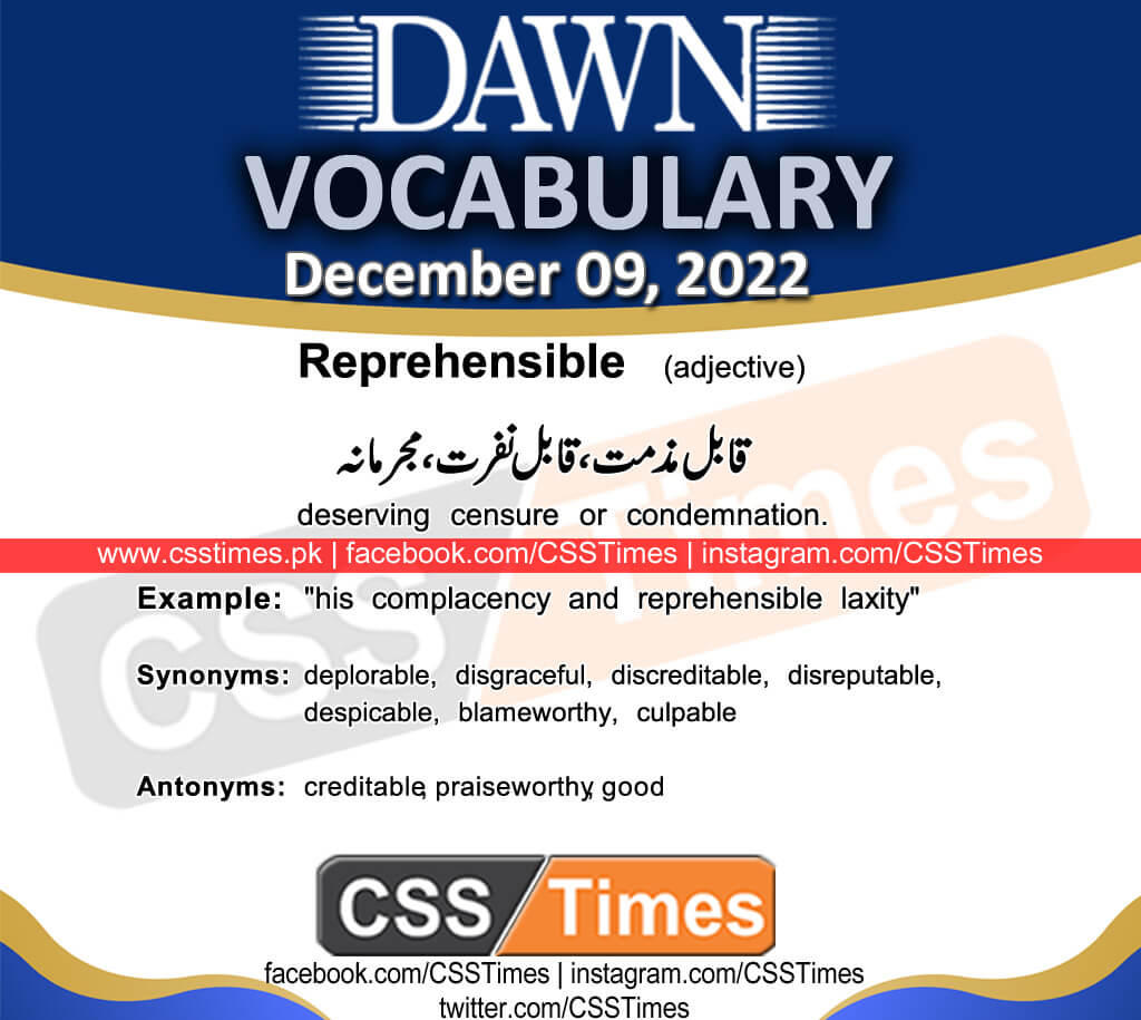 Daily DAWN News Vocabulary with Urdu Meaning (09 December 2022)