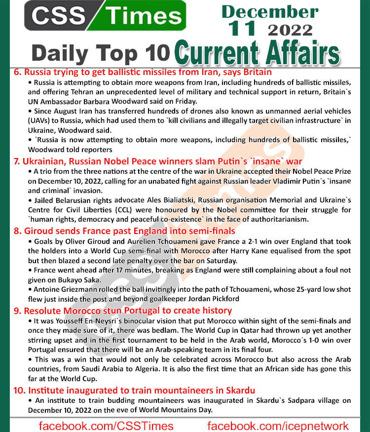 Daily Top-10 Current Affairs MCQs / News (Dec 11 2022) for CSS