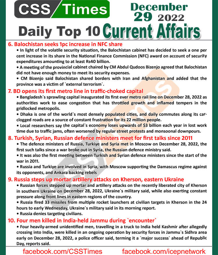 Daily Top-10 Current Affairs MCQs / News (Dec 29 2022) for CSS