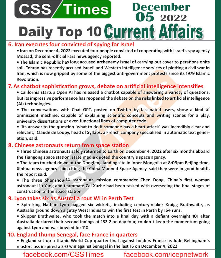 Daily Top-10 Current Affairs MCQs / News (Dec 05 2022) for CSS