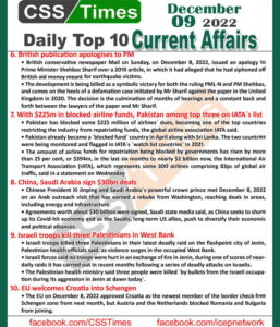 Daily Top-10 Current Affairs MCQs / News (Dec 09 2022) for CSS