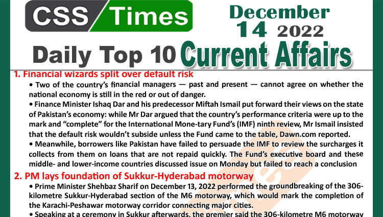 Daily Top-10 Current Affairs MCQs / News (Dec 14 2022) for CSS