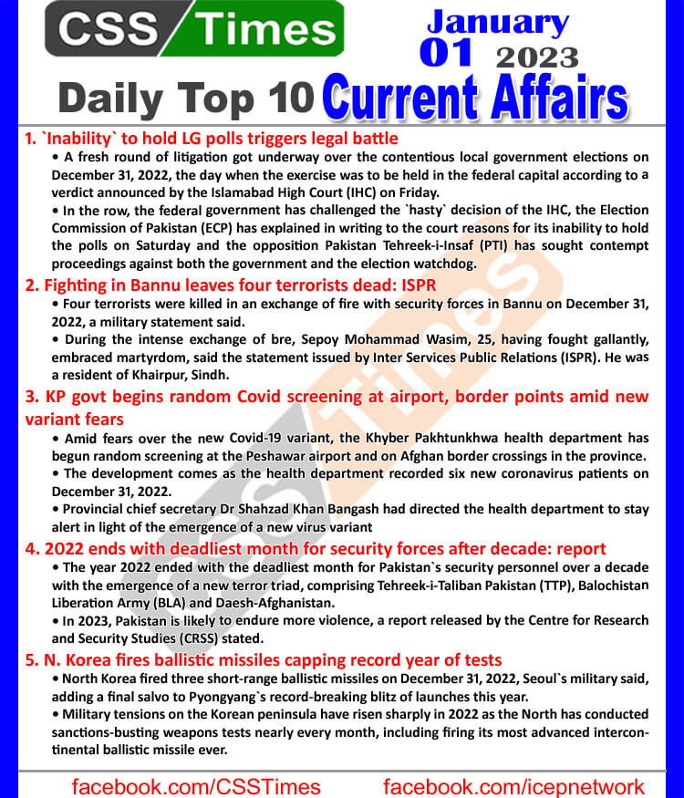 Daily Top-10 Current Affairs MCQs / News (Jan 01 2023) for CSS