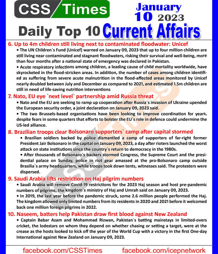 Daily Top-10 Current Affairs MCQs / News (Jan 10 2023) for CSS