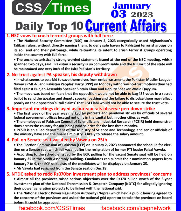 Daily Top-10 Current Affairs MCQs / News (Jan 03 2023) for CSS