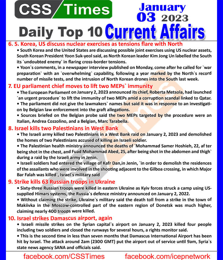 Daily Top-10 Current Affairs MCQs / News (Jan 03 2023) for CSS