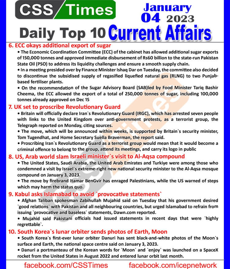 Daily Top-10 Current Affairs MCQs / News (Jan 04 2023) for CSS