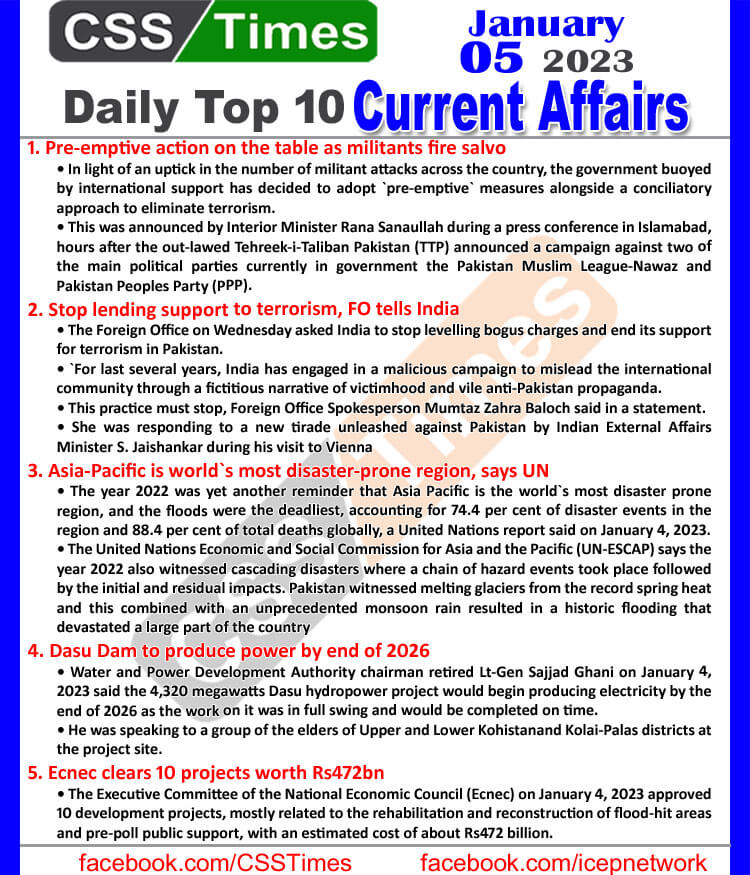 Daily Top-10 Current Affairs MCQs / News (Jan 05 2023) for CSS