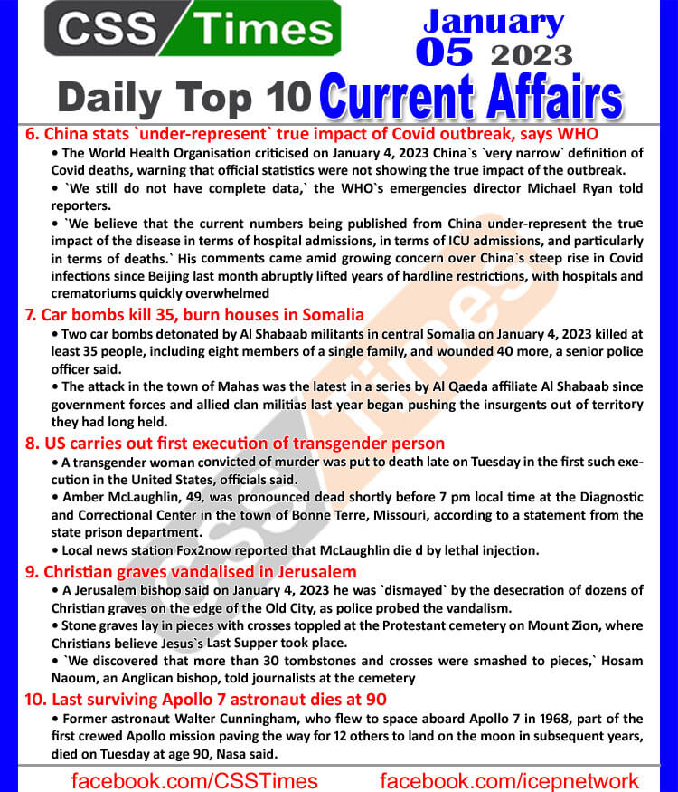 Daily Top-10 Current Affairs MCQs / News (Jan 05 2023) for CSS
