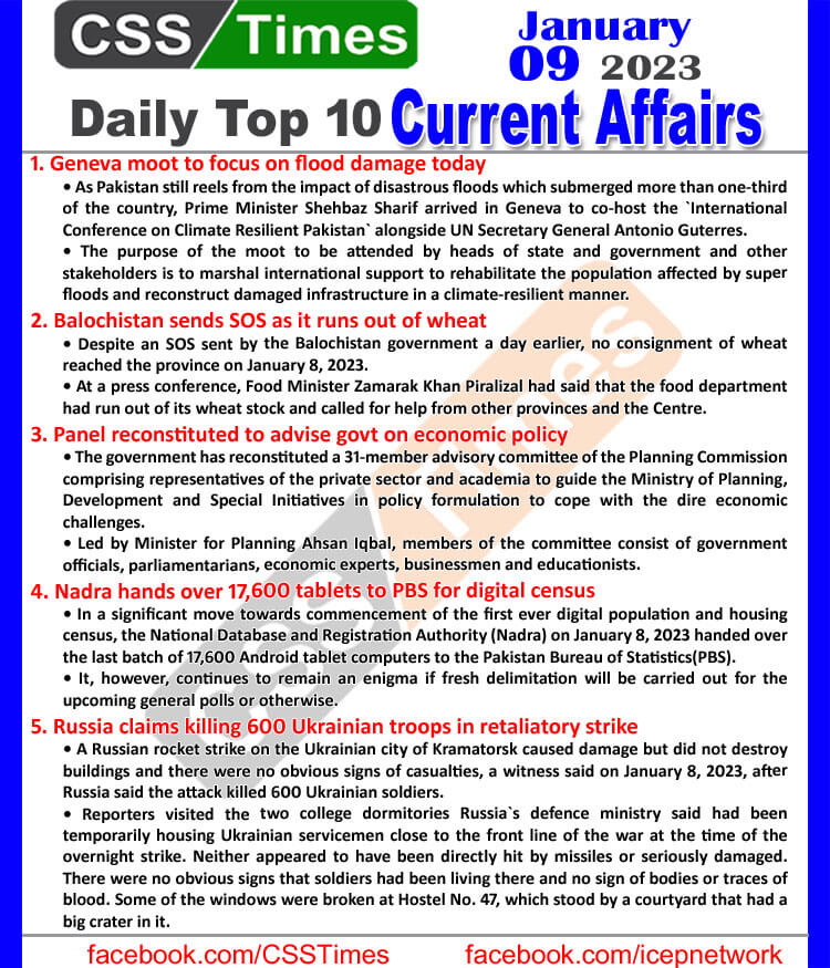 Daily Top-10 Current Affairs MCQs / News (Jan 09 2023) for CSS