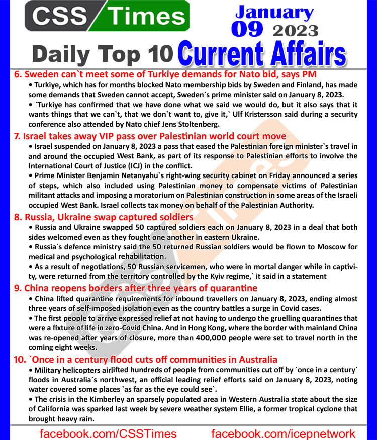 Daily Top-10 Current Affairs MCQs / News (Jan 09 2023) for CSS