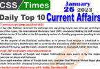 Daily Top-10 Current Affairs MCQs / News (Jan 27 2023) for CSS