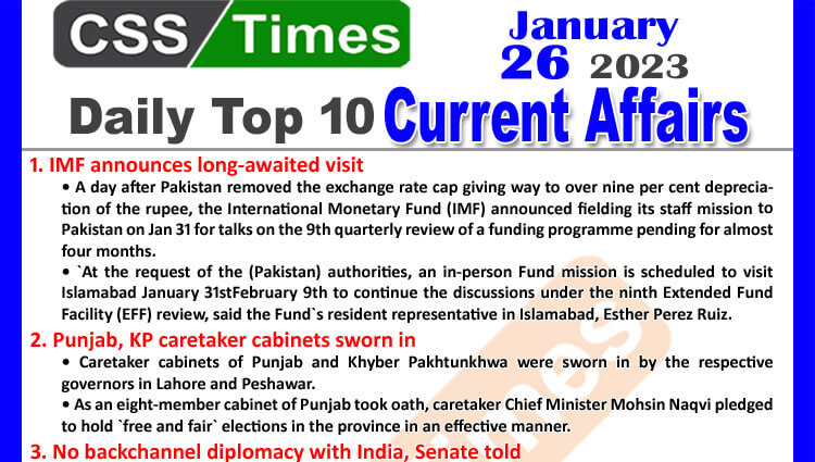Daily Top-10 Current Affairs MCQs / News (Jan 27 2023) for CSS