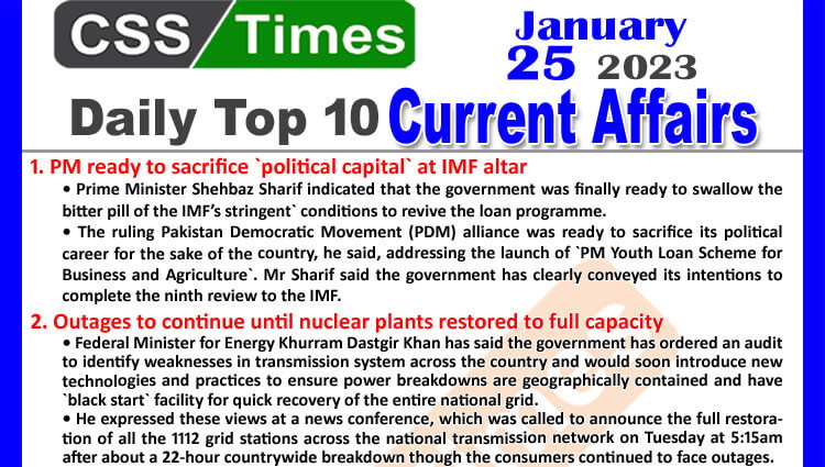 Daily Top-10 Current Affairs MCQs / News (Jan 25 2023) for CSS