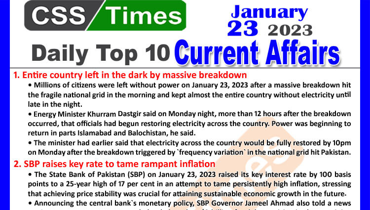 Daily Top-10 Current Affairs MCQs / News (Jan 24 2023) for CSS