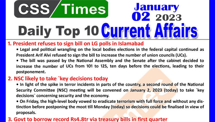 Daily Top-10 Current Affairs MCQs / News (Jan 01 2023) for CSS