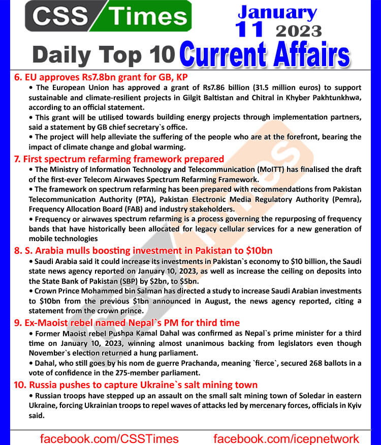 Daily Top-10 Current Affairs MCQs / News (Jan 11 2023) for CSS