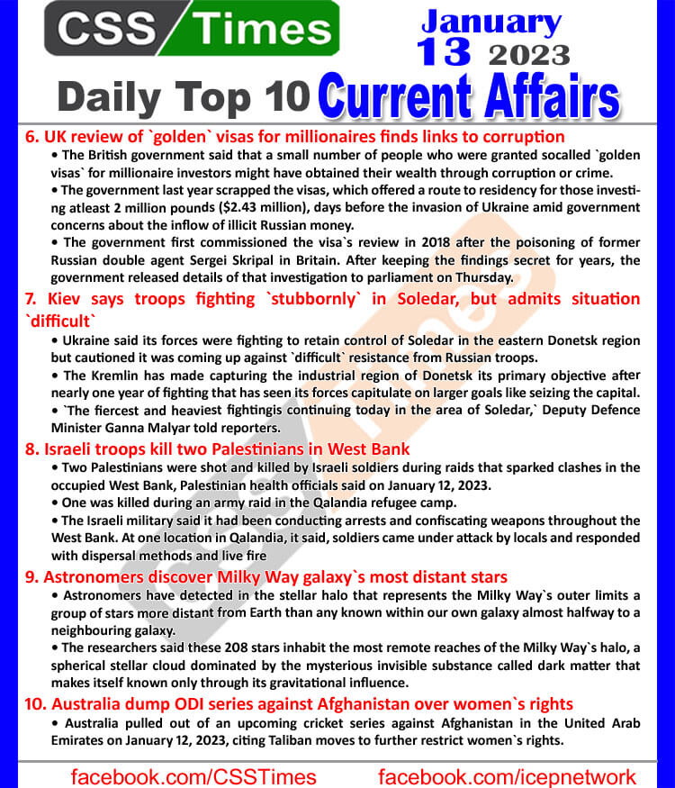 Daily Top-10 Current Affairs MCQs / News (Jan 13 2023) for CSS